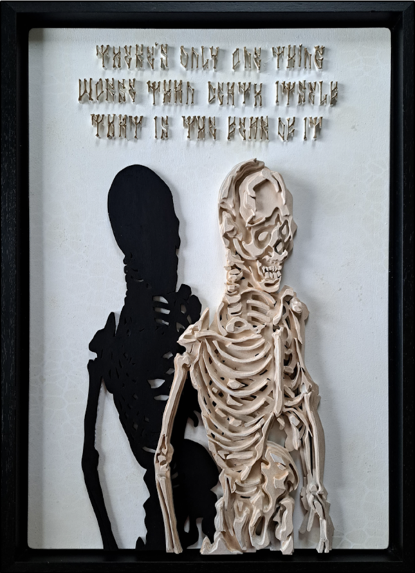 Sjem Bakkus, Mens durf te leven, 3D skeleton, wood, acrylic, spraypaint, 45x65 cm.